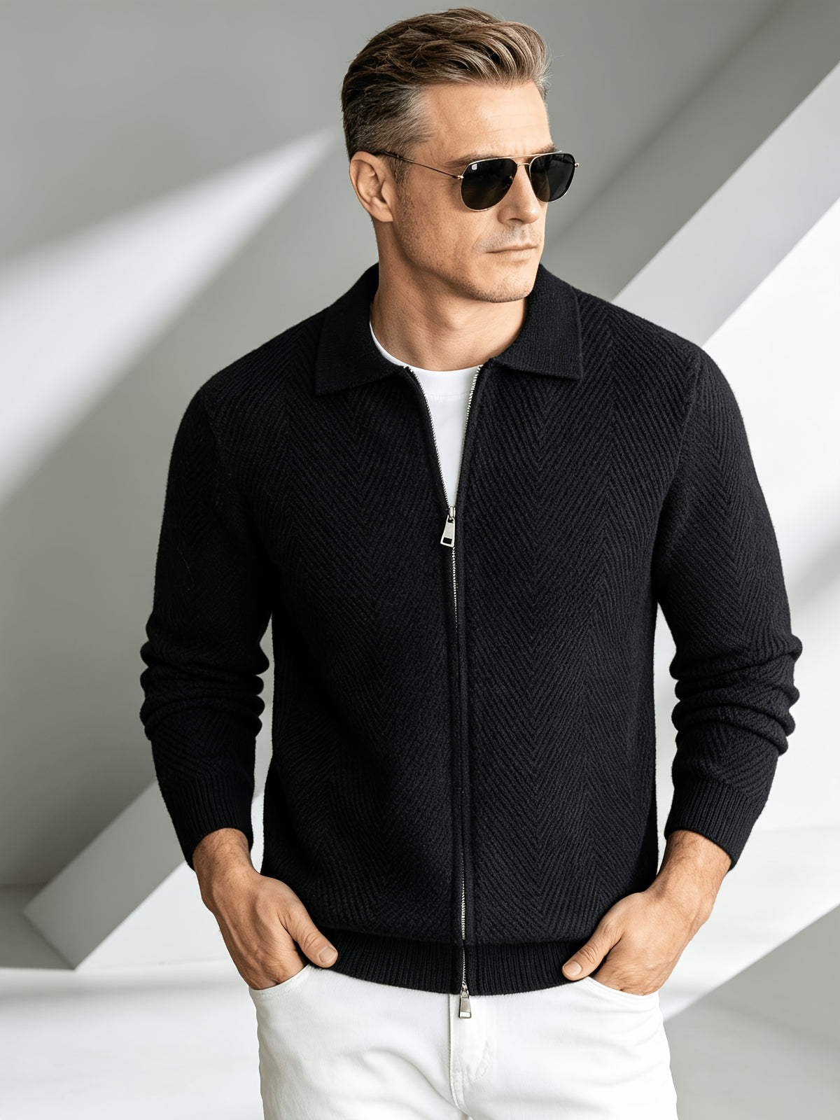 Business Mature Casual Men'S Lapel Full-Zip Knit Cardigan, Ribbed Cuffs And Hem Fitted Long Sleeve Knit Jacket, Suitable for Daily, Office, And Weekend Wear in Autumn And Winter - Black