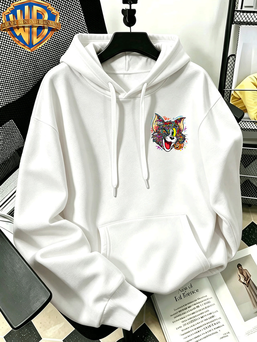 Autumn Winter Trendy Fashion Drawstring Pocket Hooded Men'S Sweatshirt, Multi-Color Graffiti Fun Cool Classic Mouse Cat Head Cartoon Print Design, Sporty Fashion Loose Hoodie, Casual Daily Wear, Trendy For, Suitable for Home And Outings, Unisex - White