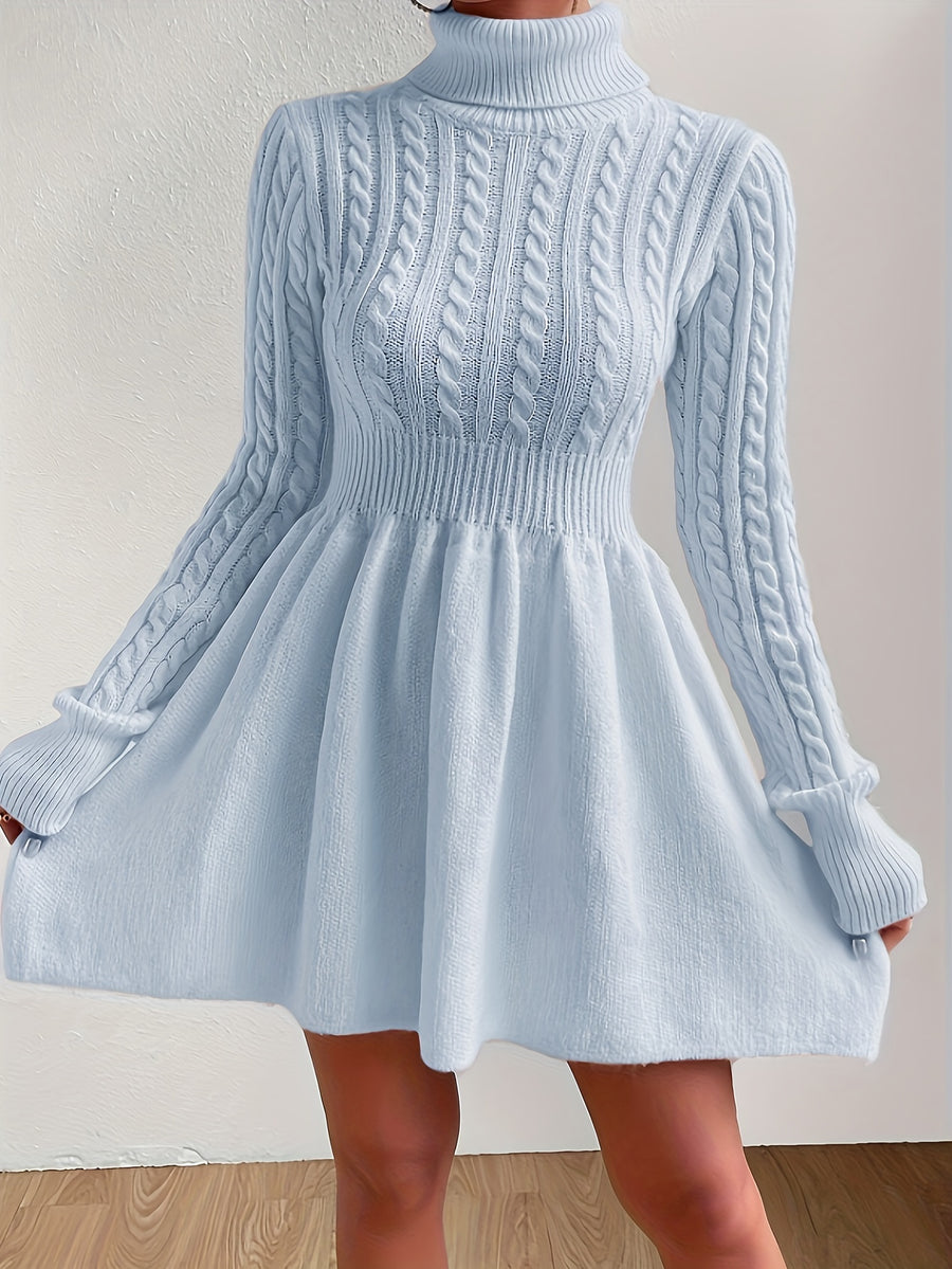 High-Neck Pink Mini Sweater Dress A-Line Dress Christmas Sweater Dress for Women - Powder blue