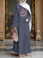 New Middle Eastern Style Muslim Elegant Robe, Easy Solid Color Base with Ethnic Totem Print Women'S Robe, Chest Feature Pattern Decoration, Loose Flowing Flared Cut, Minimalist Premium Feel, Suitable for Prayer, Banquet, And Daily Outings - Mixed colors