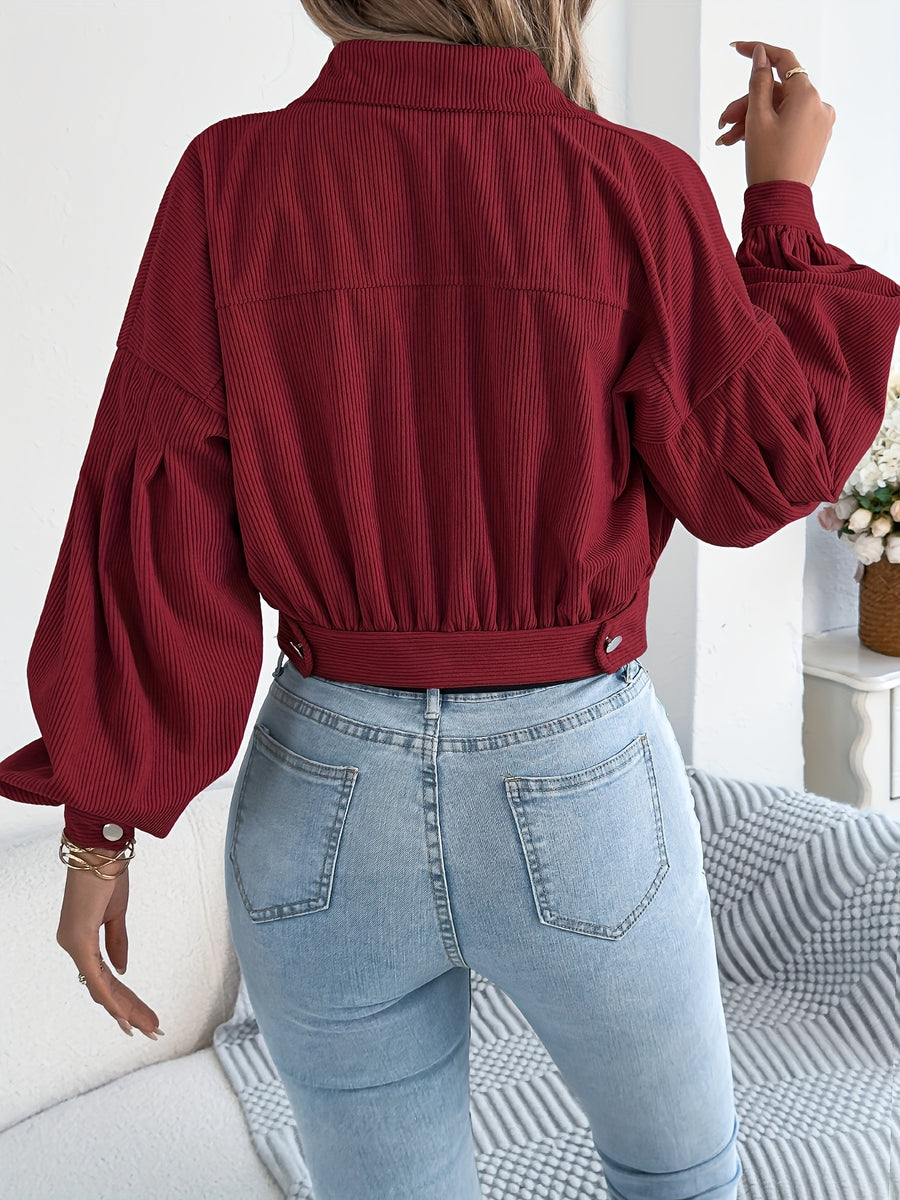Spring Autumn Casual Vacation Solid Color Single Breasted Lantern Long Sleeve Corduroy Short Coat Women'S Jacket - Burgundy