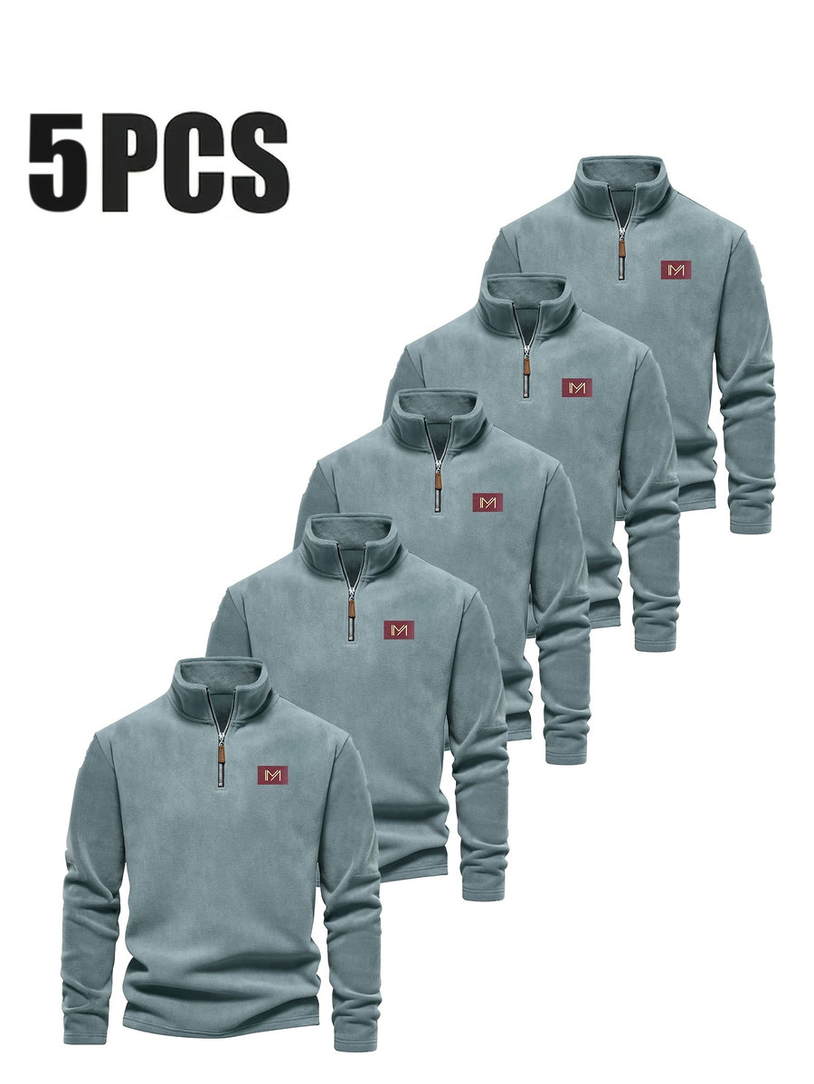 Men's Autumn/Winter Fashionable Simple Style Stand Collar Long Sleeve Sweatshirt 5pcs - Gray-blue + gray-blue + gray-blue + gray-blue + gray-blue