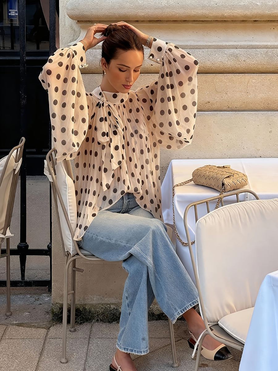 Fashionable Spring/Summer Elegant Casual Semi-Sheer Polka Dot Pattern Shirt Bow Tie Collar Lantern Sleeve Loose Fit Women'S Shirt - Apricot