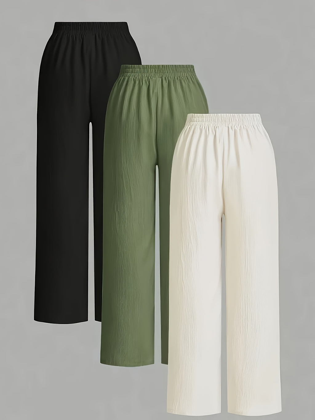 3pcs Elegant Wide-Leg Pants - Solid Color Lightweight Summer Trousers with Wide Leg Opening & Drawstring Waist, Machine Washable Non-Stretch for Casual, Office, Semi-Formal Wear (3pcs) - Black+white+olive green