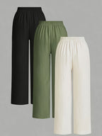 3pcs Elegant Wide-Leg Pants - Solid Color Lightweight Summer Trousers with Wide Leg Opening & Drawstring Waist, Machine Washable Non-Stretch for Casual, Office, Semi-Formal Wear (3pcs) - Black+white+olive green