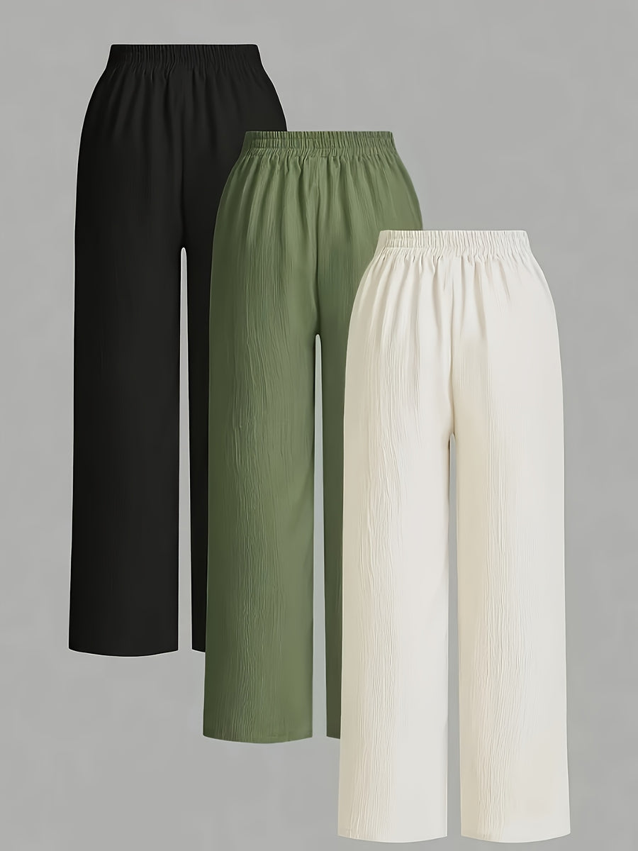3pcs Elegant Wide-Leg Pants - Solid Color Lightweight Summer Trousers with Wide Leg Opening & Drawstring Waist, Machine Washable Non-Stretch for Casual, Office, Semi-Formal Wear (3pcs) - Black+white+olive green