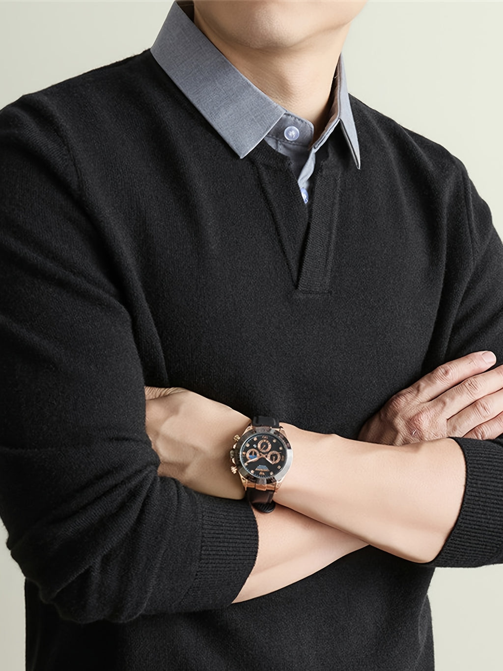 Men'S Thickened Polo Collar Faux Two-Piece Sweater, Autumn Winter Business Commute Sweater, Contrast Shirt Collar Pullover Top - SINBOS, Knit - Black