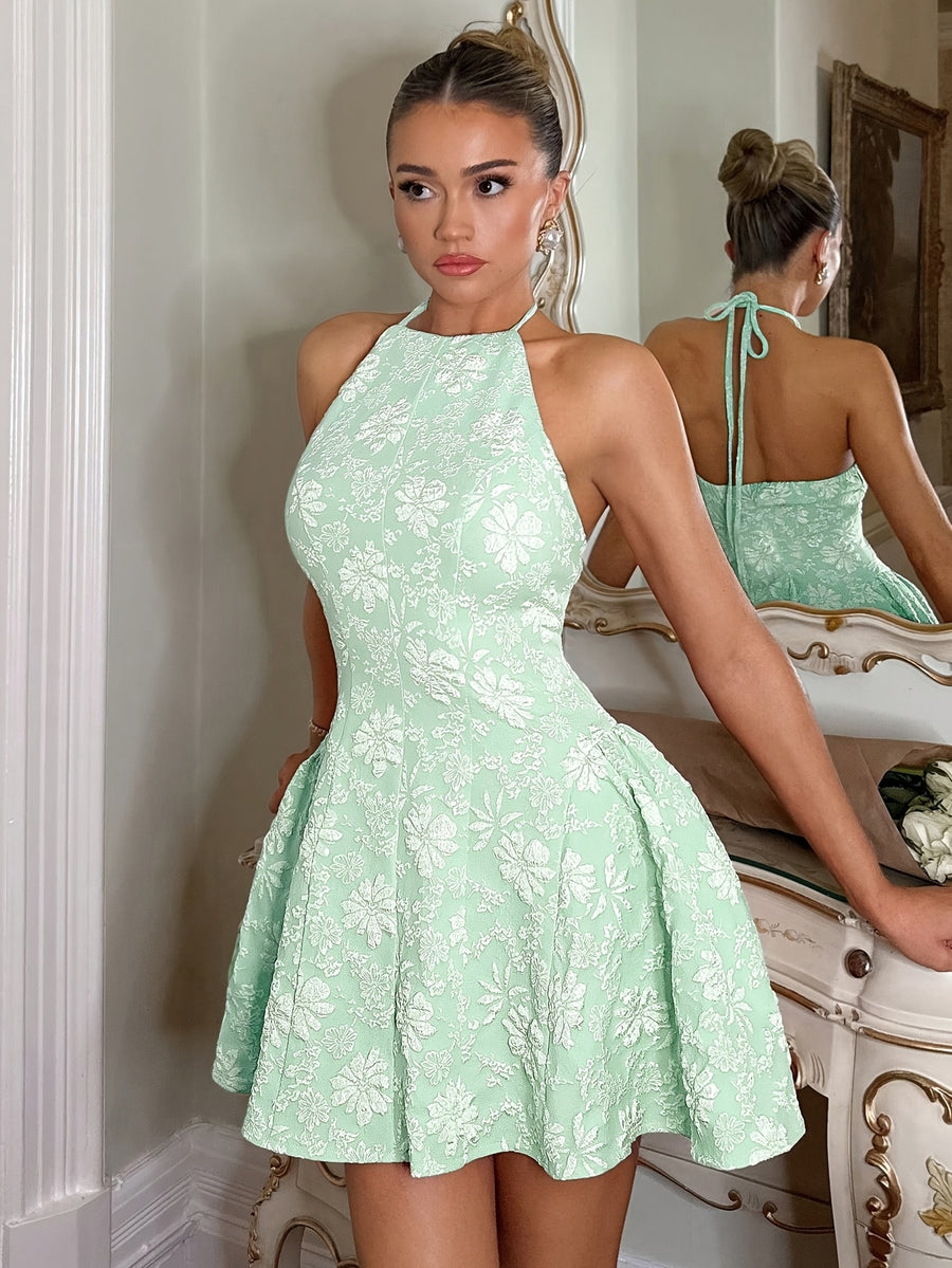 Women'S Elegant Easy Jacquard Fabric Halter Neck Sleeveless Dress, Back Zipper Side Pleat Design, Suitable for Banquets And Afternoon Tea Gatherings - Bright Green