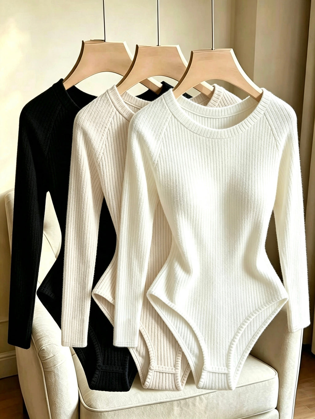 Women'S 3pcs Round Neck Off-Shoulder Long Sleeve Bodysuit, Multicolor Vertical Ribbed Elastic Snug Fit with Snap Closure at Crotch, All-In-One Base Layer for Spring/Fall Commute, Date, Suit Coat Inner Wear, Casual Attire, Anti-Rolling Edge - White/Apricot/Black