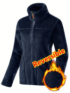 Women's Spring Casual Jacket, Thickened Shaggy Warm Printed Reversible Coral Sweatshirt, Double-Sided Outerwear - Royal Blue