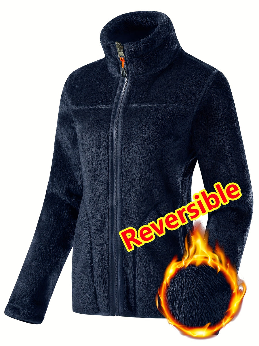 Women's Spring Casual Jacket, Thickened Shaggy Warm Printed Reversible Coral Sweatshirt, Double-Sided Outerwear - Royal Blue