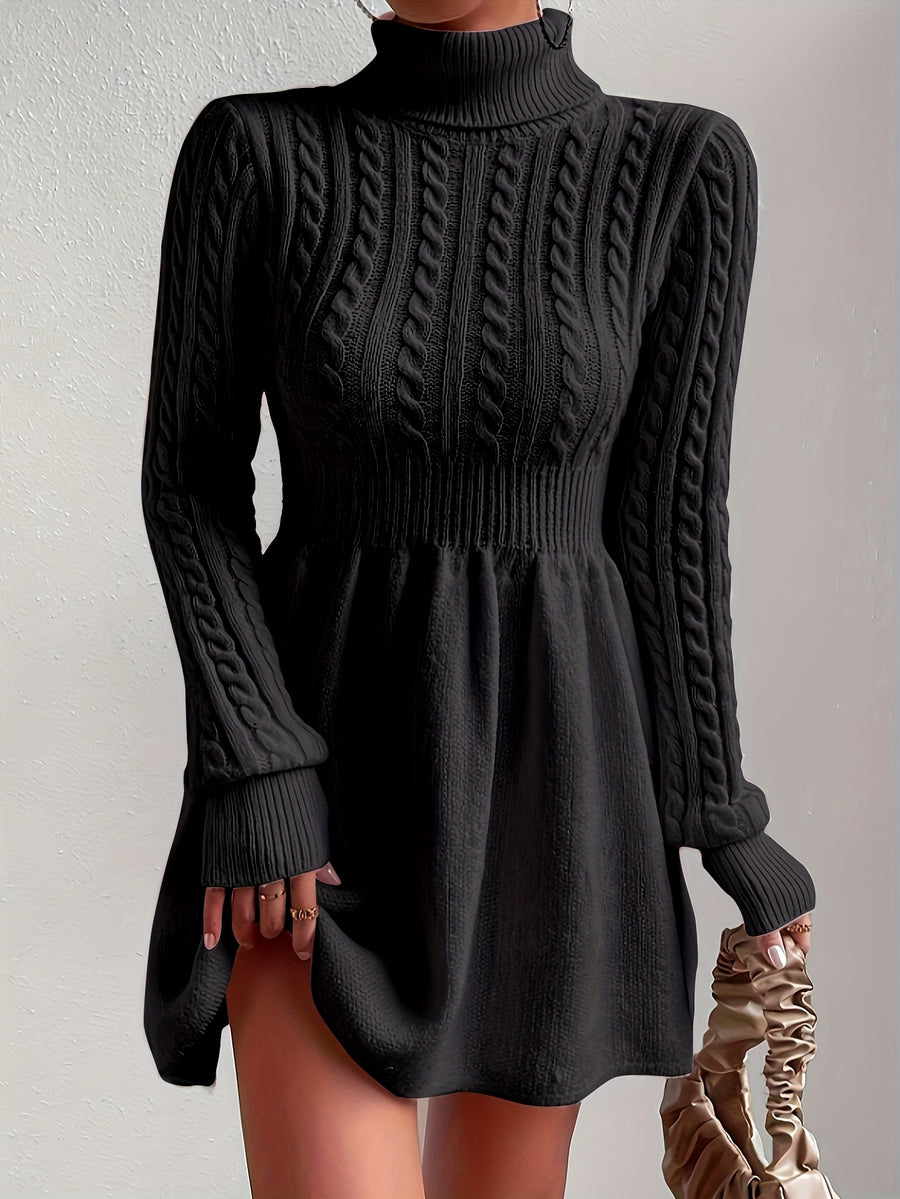 High-Neck Pink Mini Sweater Dress A-Line Dress Christmas Sweater Dress for Women - Black