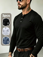 [Villa Joy Water OBM] [3pcs Set] Men'S Henley Collar Long Sleeve T-Shirt with Half-Open Door And Inner Long T-Shirt - Black