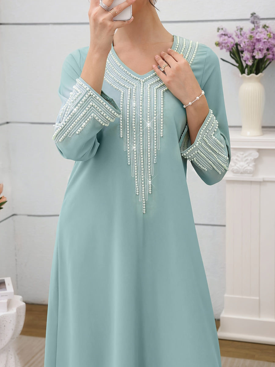 Najma Ladies' Loose Embroidered & Studded Long Robe for Festivals, Modest KaftanLadies' Loose Embroidered & Studded Long Robe for Festivals, Modest Kaftan - Malachite Green