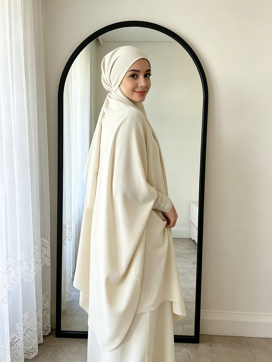 Casual Modest Outfit Set with Matching Head Wrap, Lightweight Breathable Loose Fit Puff Sleeve Top and Maxi Skirt for Everyday Use - Off-white