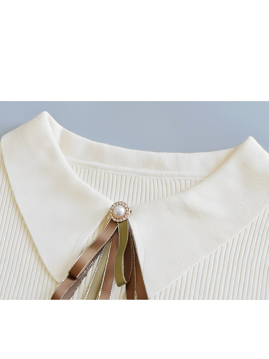 2025 Women's Lantern Sleeve Sweater, New Spring/Summer/Autumn Style, Elegant and High-End Korean Style, Stylish Long Sleeve Outerwear, Patchwork Versatile Thin Knitwear, Slim Fit Base Layer, Doll Collar Top, Trendy - White