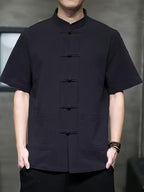New Men's Short-sleeved Casual Shirt, Comfortable Pure Cotton, Chinese Knot Button, Tang Suit Style Top, Stand Collar, Ethnic Style, Hanfu, Simple and Versatile Men's Shirt - Black