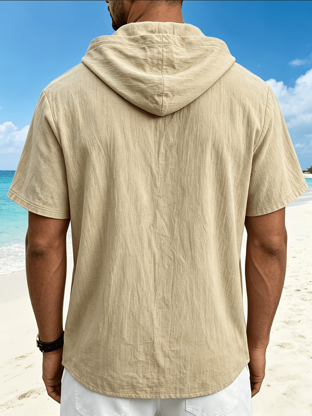 Men'S Linen Hooded Short Sleeve T-Shirt, Lightweight Breathable Ice Cool Half-Zip Design, Casual Solid Color Loose Top, Summer New Multicolor Optional, Versatile Hoodie - Khaki