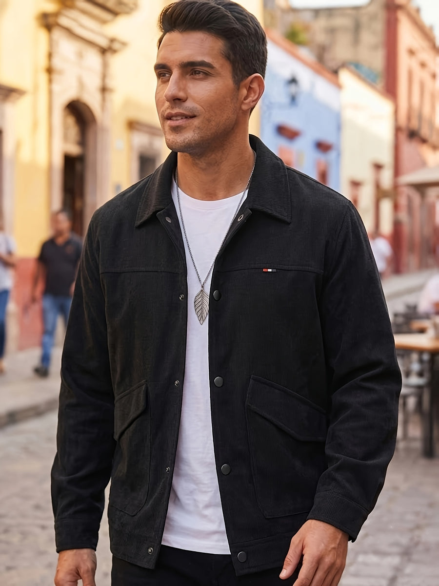 2026 Spring Men's Urban High Street Style Casual Jacket, Trendy Streetwear Swagger Outerwear for Parties, Dates, and Commuting, Versatile Workwear Top, Loose Youth Streetwear Brand, Simple Solid Color Handsome Men's Outerwear - Black