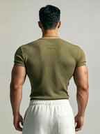 Men's Slim-Fit Henley Neck Knit Short-Sleeve T-Shirt. High-stretch Ribbed Fabric Accentuates Muscle Definition, Breathable and Sweat-wicking for a Non-stuffy Feel. Suitable for Multiple Occasions Including Fitness Training, Daily Commutes, Spring - Olive Green