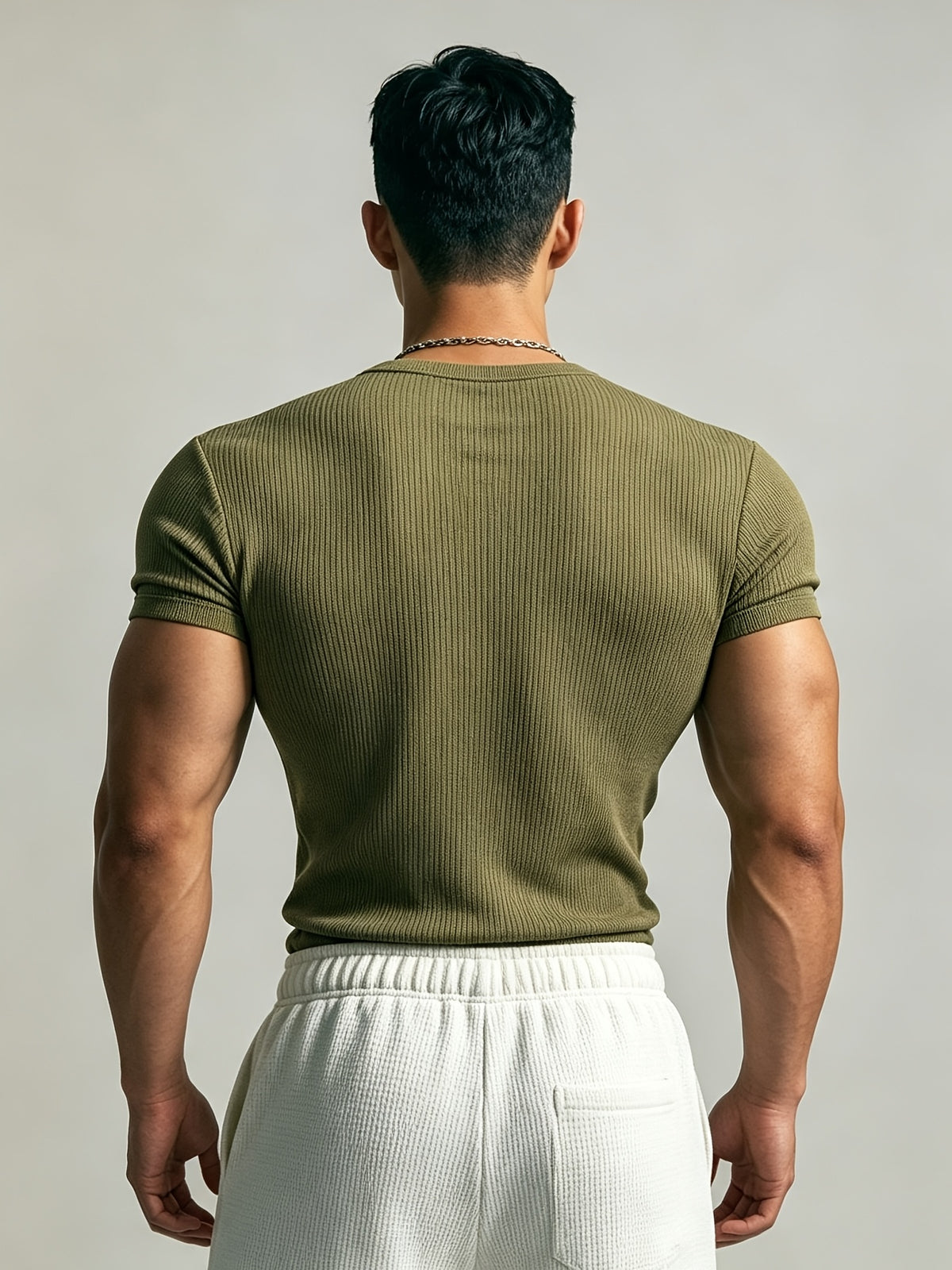 Men's Slim-Fit Henley Neck Knit Short-Sleeve T-Shirt. High-stretch Ribbed Fabric Accentuates Muscle Definition, Breathable and Sweat-wicking for a Non-stuffy Feel. Suitable for Multiple Occasions Including Fitness Training, Daily Commutes, Spring - Olive Green