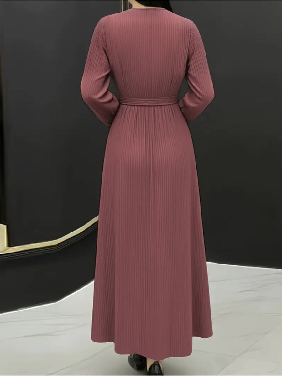 Fashion Ruffle Trim Long Dress with Long Sleeves and Ties, Loose Fit Gown. Suitable for Women's Daily Casual Outings, Family Trips, and All-day Comfortable Wear - Burgundy