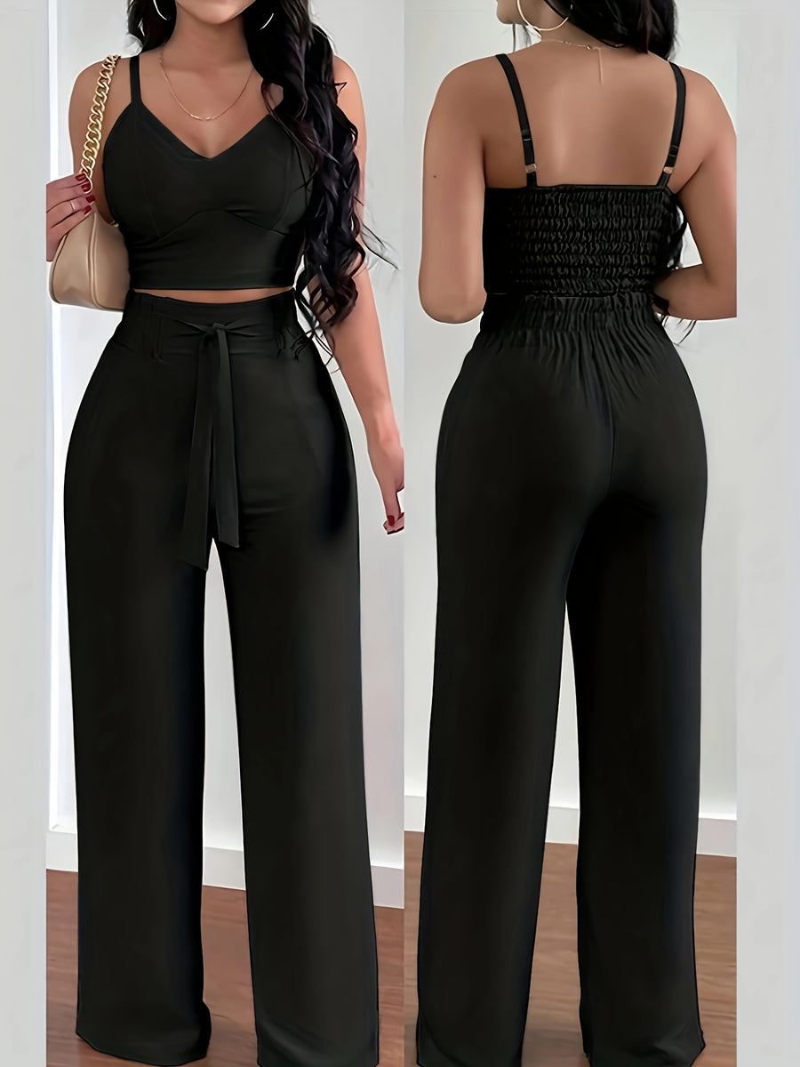 2-piece Women's Set with Thin Strap Stretch Camisole and Wide-leg Pants (front Tie) for Casual Vacation Wear - Black