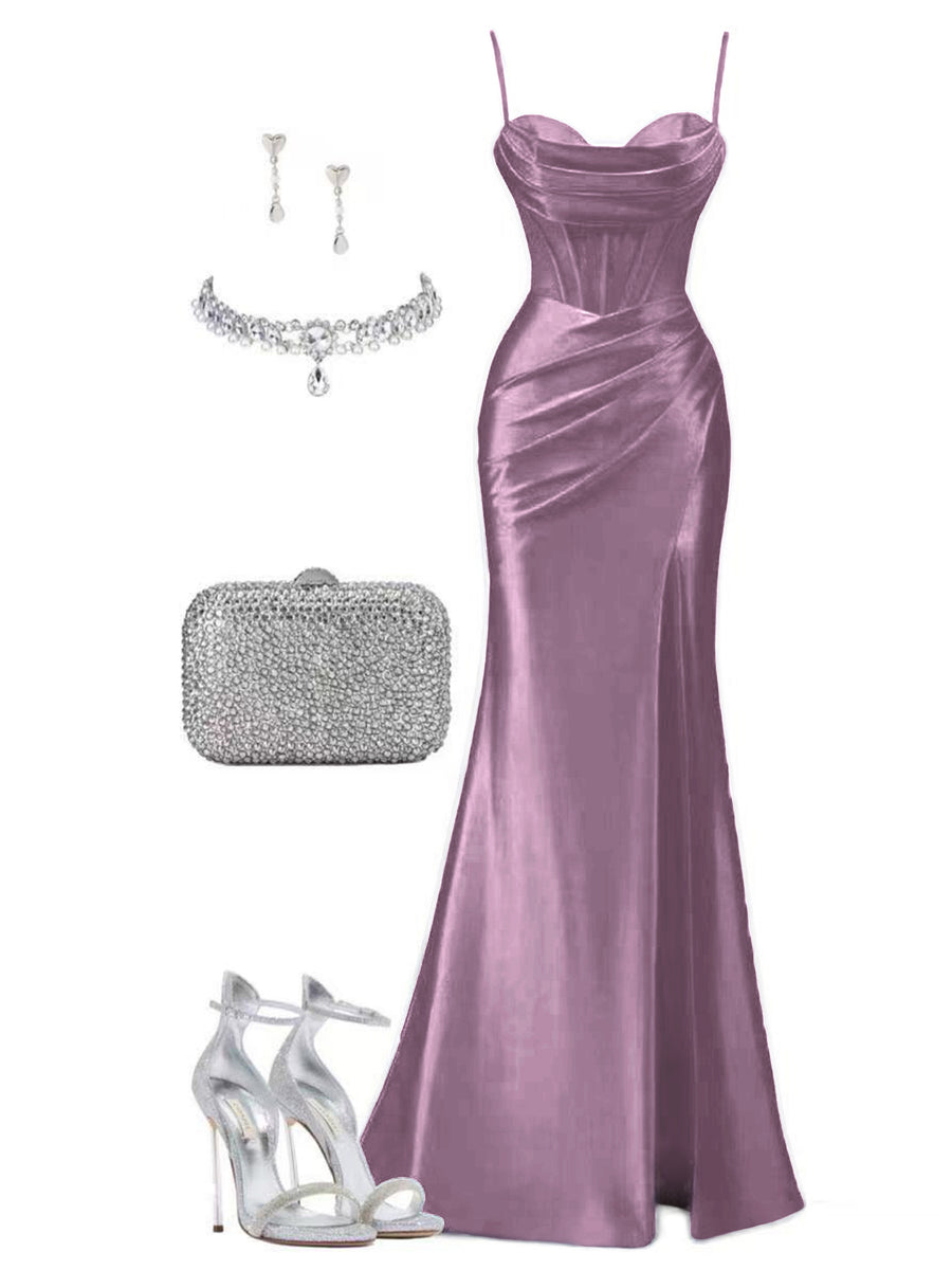 Women's Solid Color Satin Slip Dress with High Slit, Back Tie Waist, Cinched Fit, Pleated Details, and Hip-Hugging Design, Elegant for New Year's, Valentine's Day, Parties, Graduations, Weddings, and Bridesmaid Attire - Taro Purple