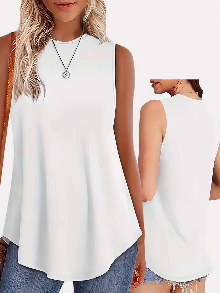 Women's Sleeveless Round Neck Tank Top - Solid White Loose Fit Blouse, Medium Stretch All-Season, Machine Washable & Versatile Casual/Elegant Wear, Layering Essential for Dresses, Jackets & Blouses (No Bulk) - White