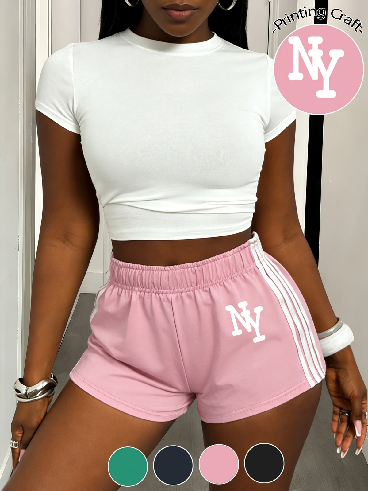 Summer Elegant Women'S Color-Blocked Striped Shorts, with Side Striped Design, Elastic Waistband, Letter NY Pattern Print - Casual Loose Fit Shorts - Summer, Easy Classic Design with Elastic Waistband, American Casual Style - pink