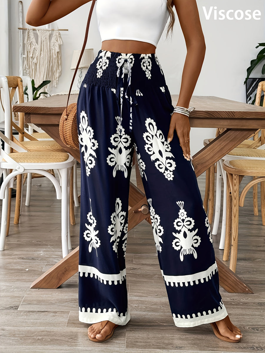 Floral Waist-Tie Fashion Casual Printed Pants, Women's Long Wide-Leg Trousers - Navy Color