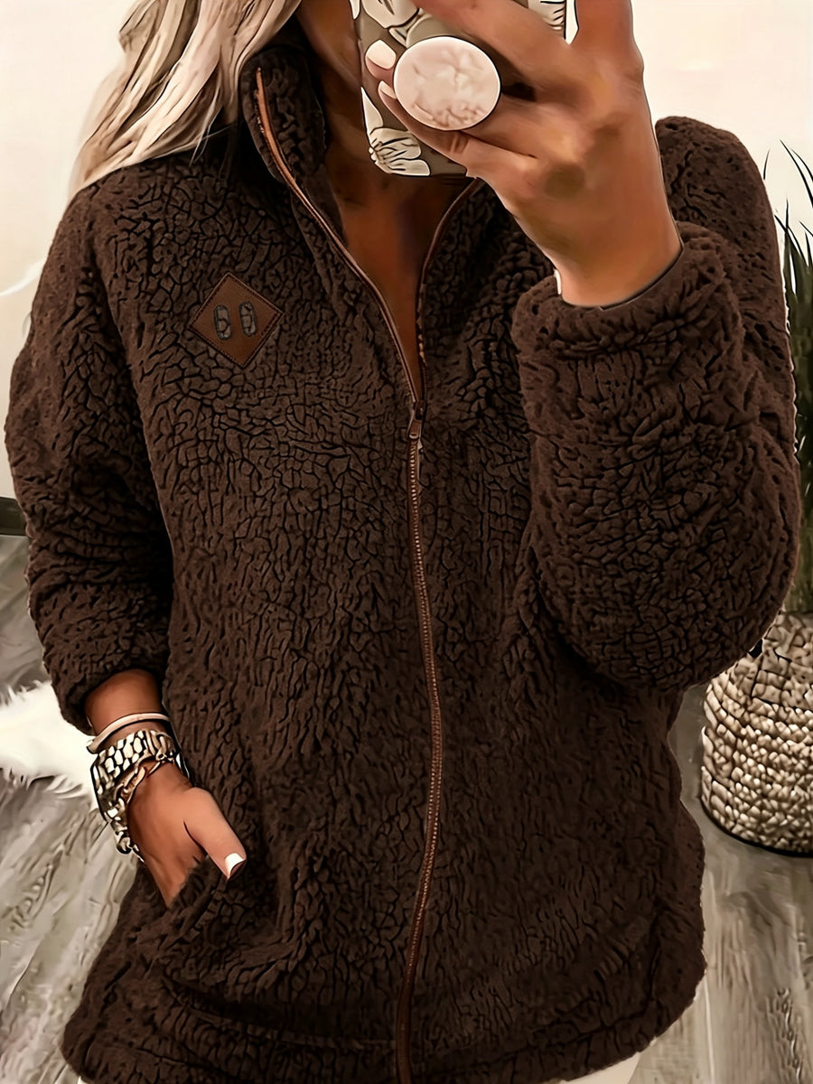 Women'S Faux Small Stand Collar Thick Jacket Coat - Coffee Color