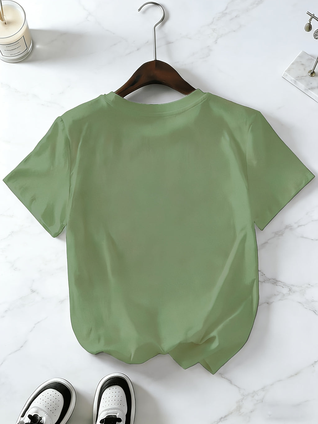 Minimalist HI Letter Print T-Shirt, Y2K Trendy Loose Casual Short Sleeves - Pea Green Color