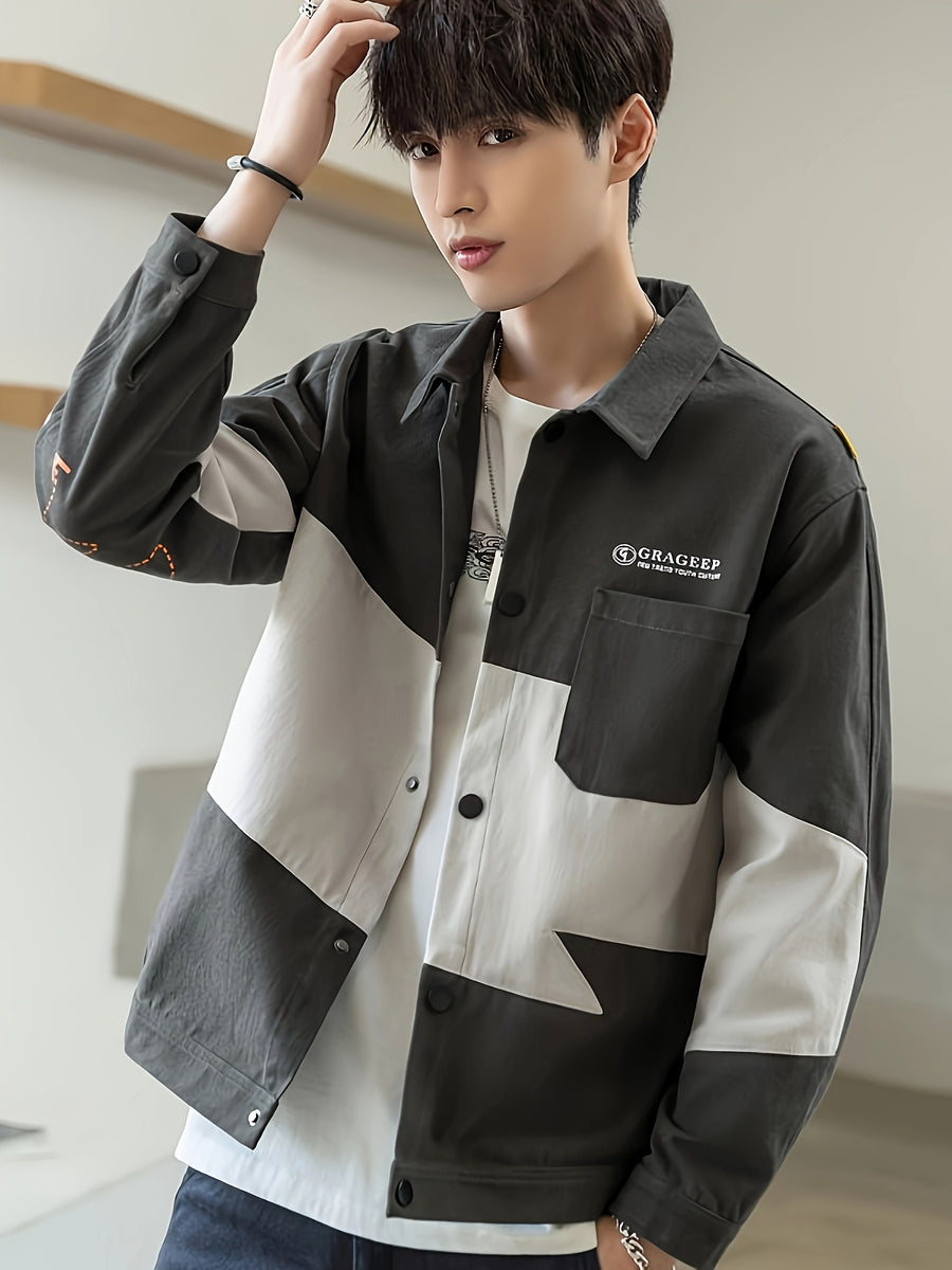 Patchwork Jacket Men'S Trendy Cool Loose Men'S Autumn Top Coat Jacket Spring Autumn Style All-Match - Grey