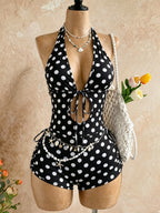 Bad Style Black And White Classic Polka Dot Halter Jumpsuit, Beach Vacation Style Hollow Out Drawstring - Mixed colors