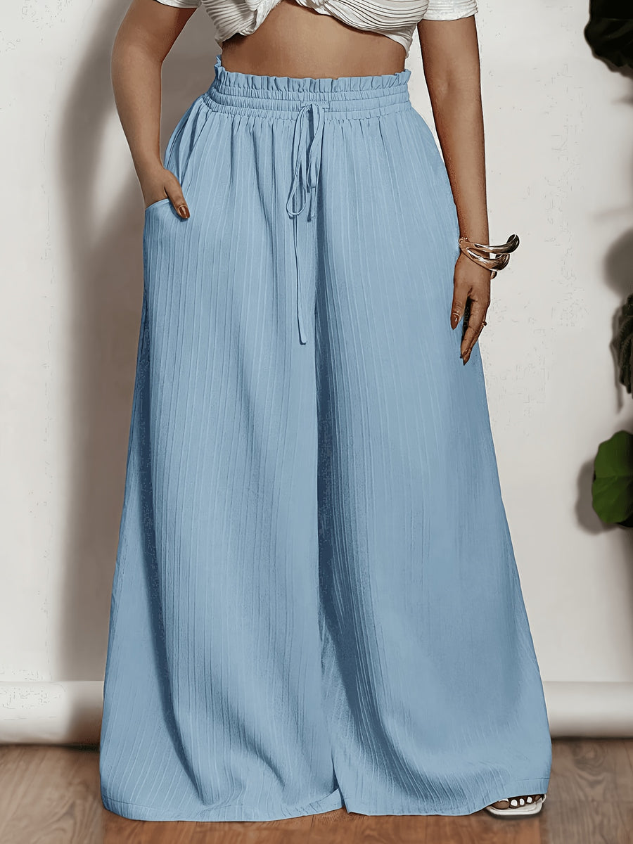 Plus Size, Plus-size Women's Casual Wide-leg Flared Pants with Pocket and Drawstring Design - Sky Blue