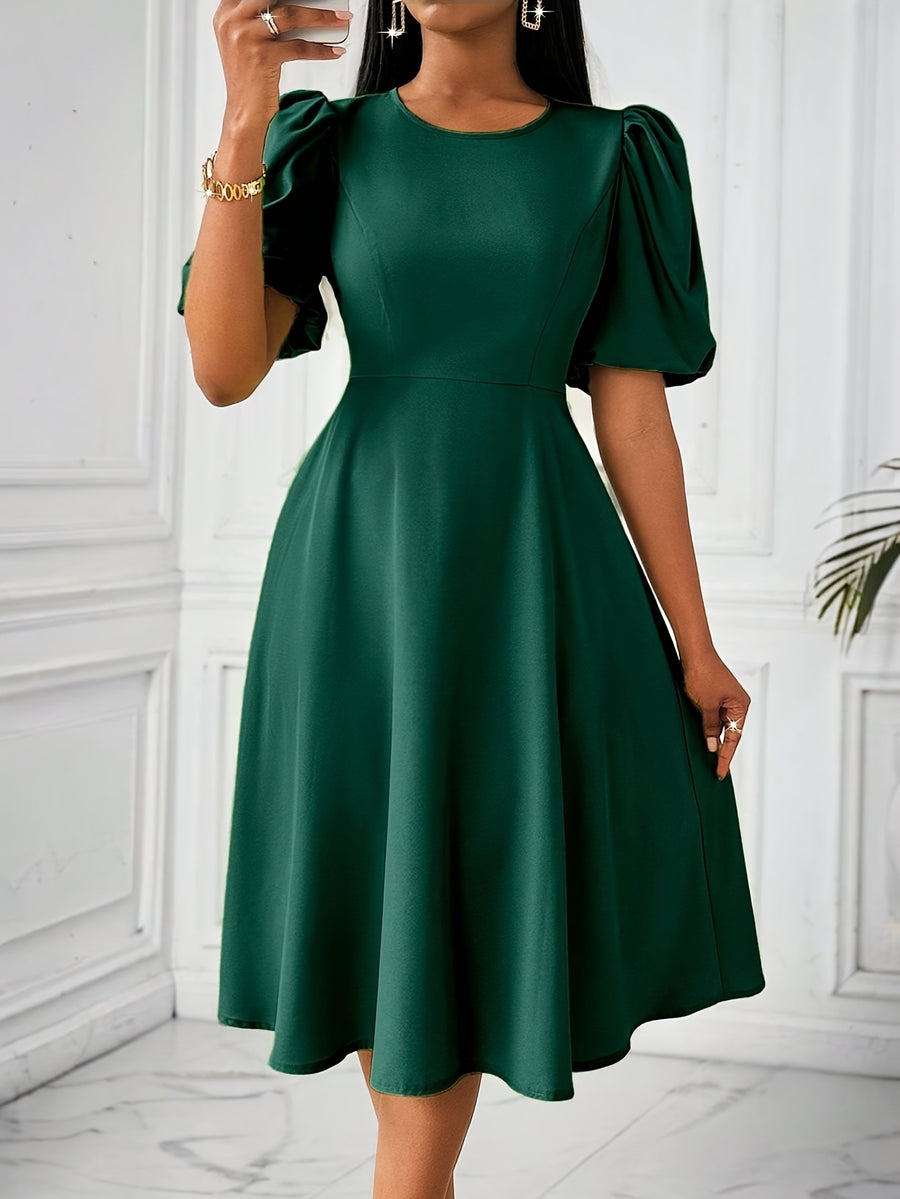 Solid Color Princess Sleeve Dress with Round Neck, Short Sleeves, and Waist Cinching, Suitable for Vacations, Ceremonies, Garden Parties, Graduation Season, Concerts, Weddings, and as a Bridesmaid Dress for Women - Dark Green