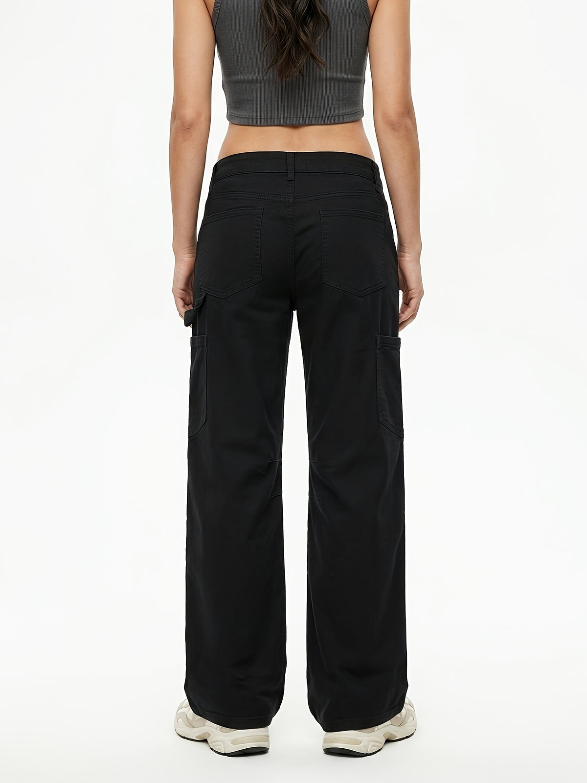 Women'S New Stretch Low-Waist Straight Cargo Pants, Daily Commute Easy Casual Fashion Versatile Long Trousers Denim Jeans - Black