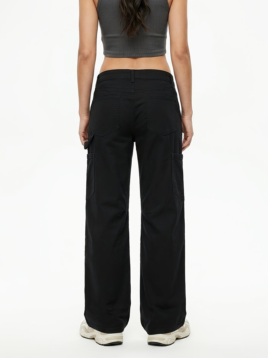 Women'S New Stretch Low-Waist Straight Cargo Pants, Daily Commute Easy Casual Fashion Versatile Long Trousers Denim Jeans - Black