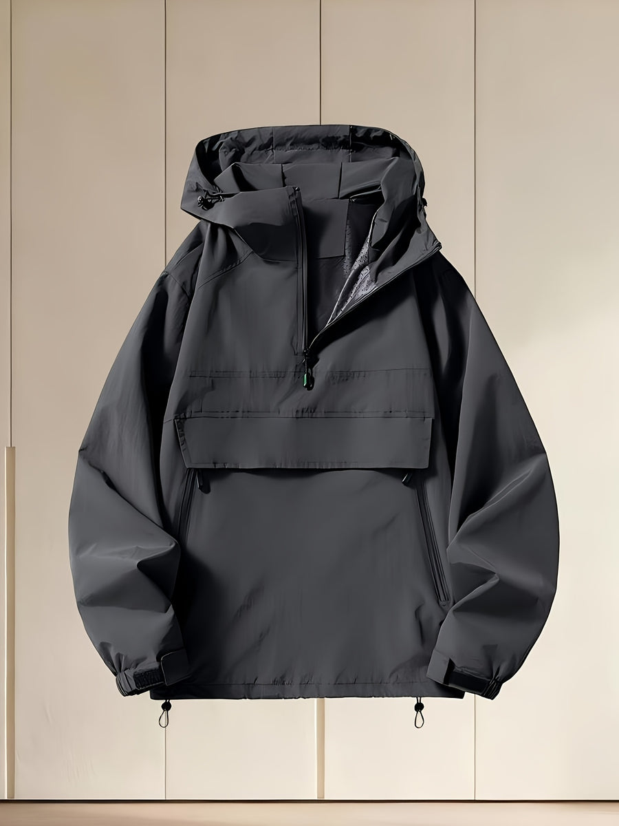 Men's Spring/Autumn Hooded Windbreaker Jacket, Loose Fit Plus Size Trendy Versatile Half-Zip Casual Workwear Jacket, Fashionable Thin Half-Zip Outerwear Suitable for Outdoor Sports, Travel, Hiking, and Adventure Wear - Dark Gray