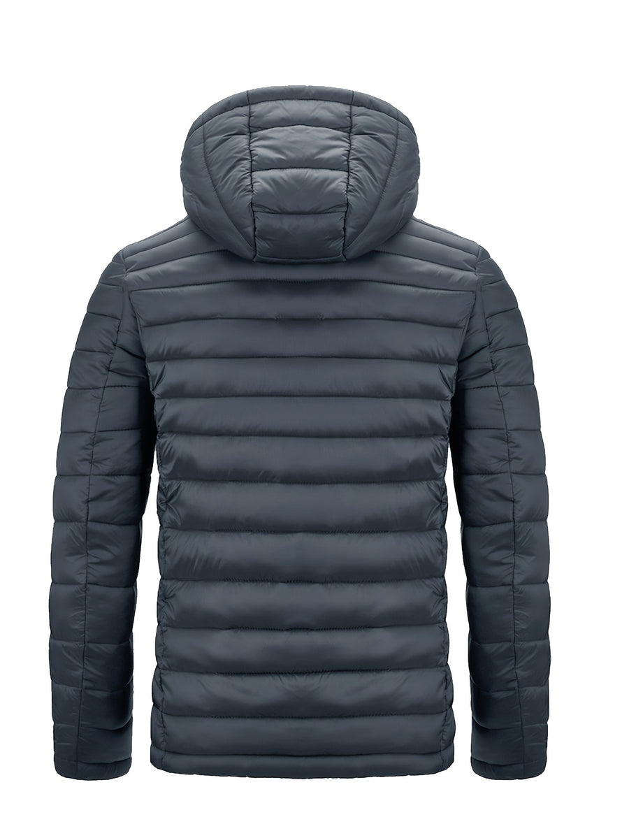 Men's Winter Padded Coat, Hooded Padded Top, Warm Quilted Jacket with Colorful Zipper Pockets - Grey