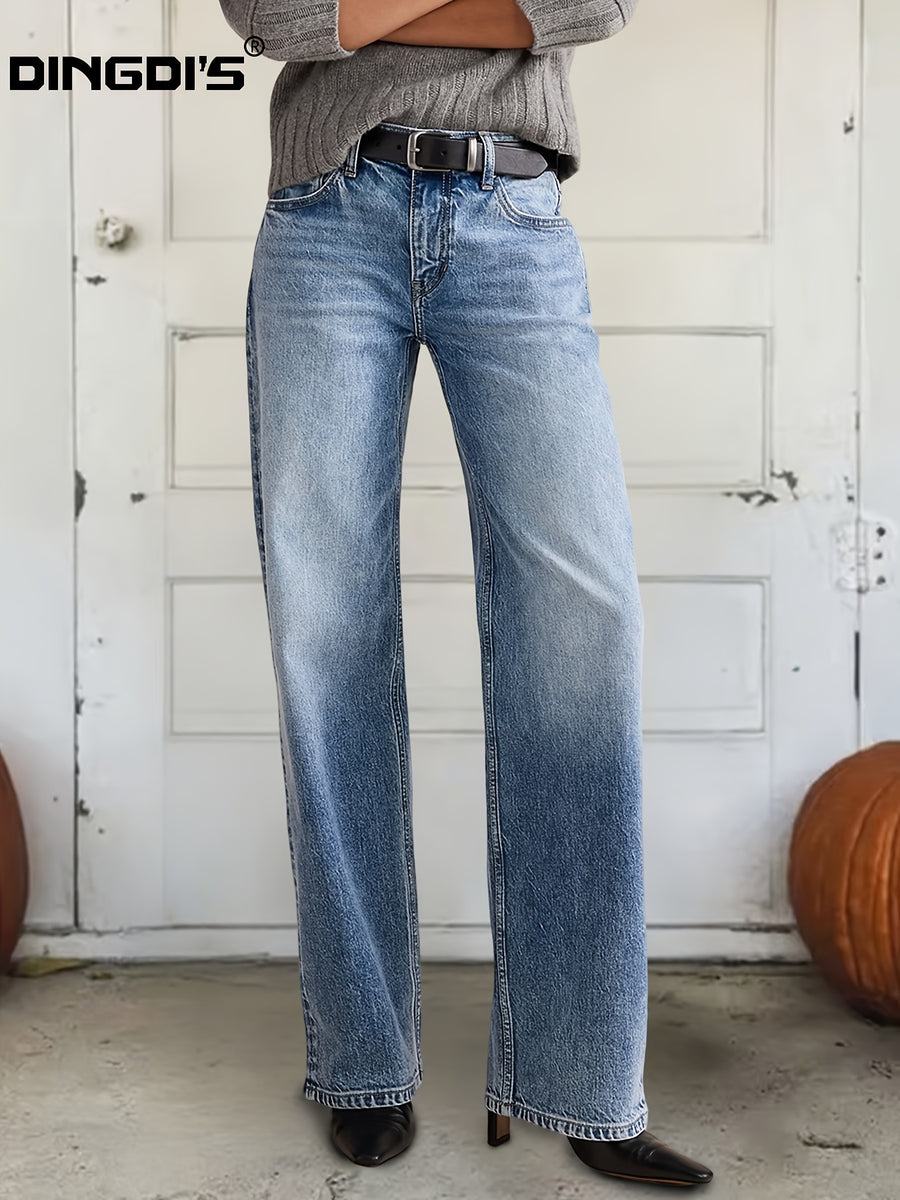 Women's 2026 New Stretch Wide-Leg Jeans, Low-Rise Straight-Leg Denim Pants, Vintage Washed Dark Blue Loose-Fit Denim Trousers, Comfortable Tummy-Control Casual Pants with Pockets, Street Style Clothing, Suitable for Travel, Work, Boyfriend Jeans - Medium Blue