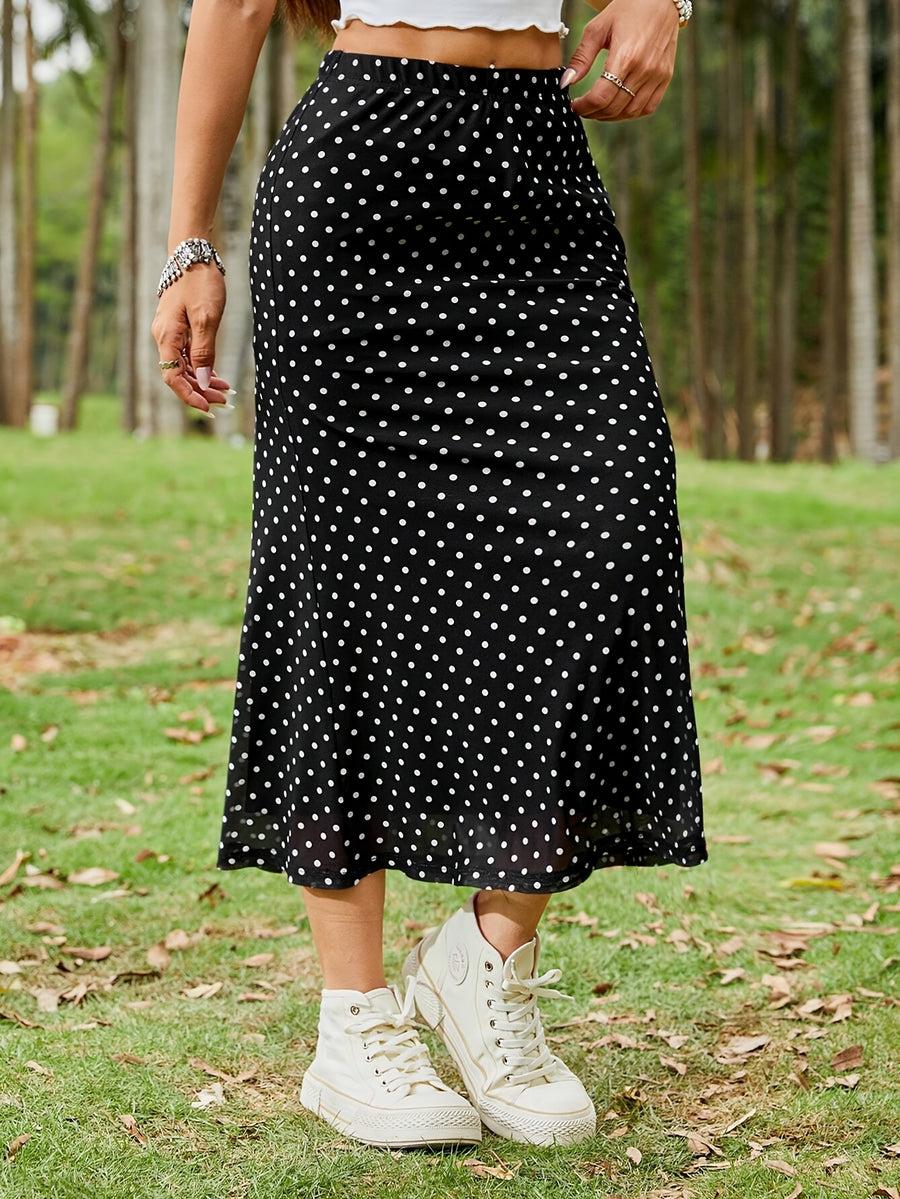 Black Polka Dot See-Through Mesh High-Low Midi Skirt - Black