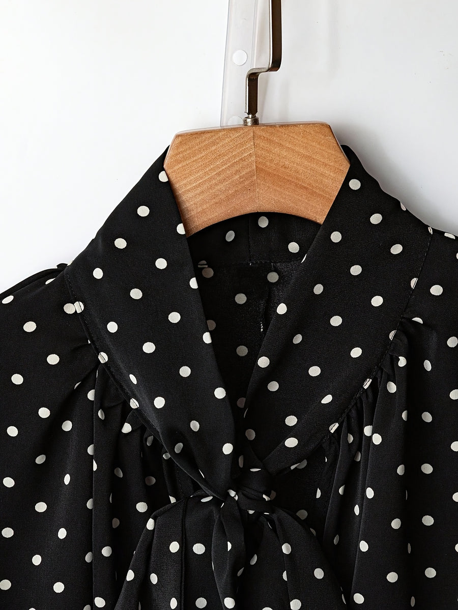 Women'S Elegant Tie-Front Long Sleeve Polka Dot Printed Statement Shirt, Suitable for Daily And Commute Wear - Black