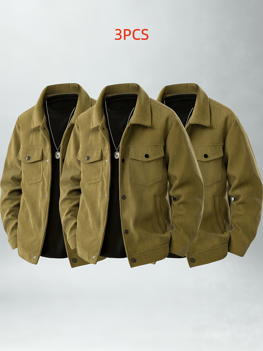 Casual Corduroy Work Jacket 3pcs Set Youth Daily Outing Lapel Top - Khaki