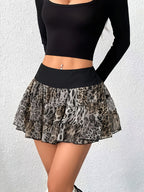 264# Leopard Print Elastic Waist Skirt with Built-in Panties - Camel