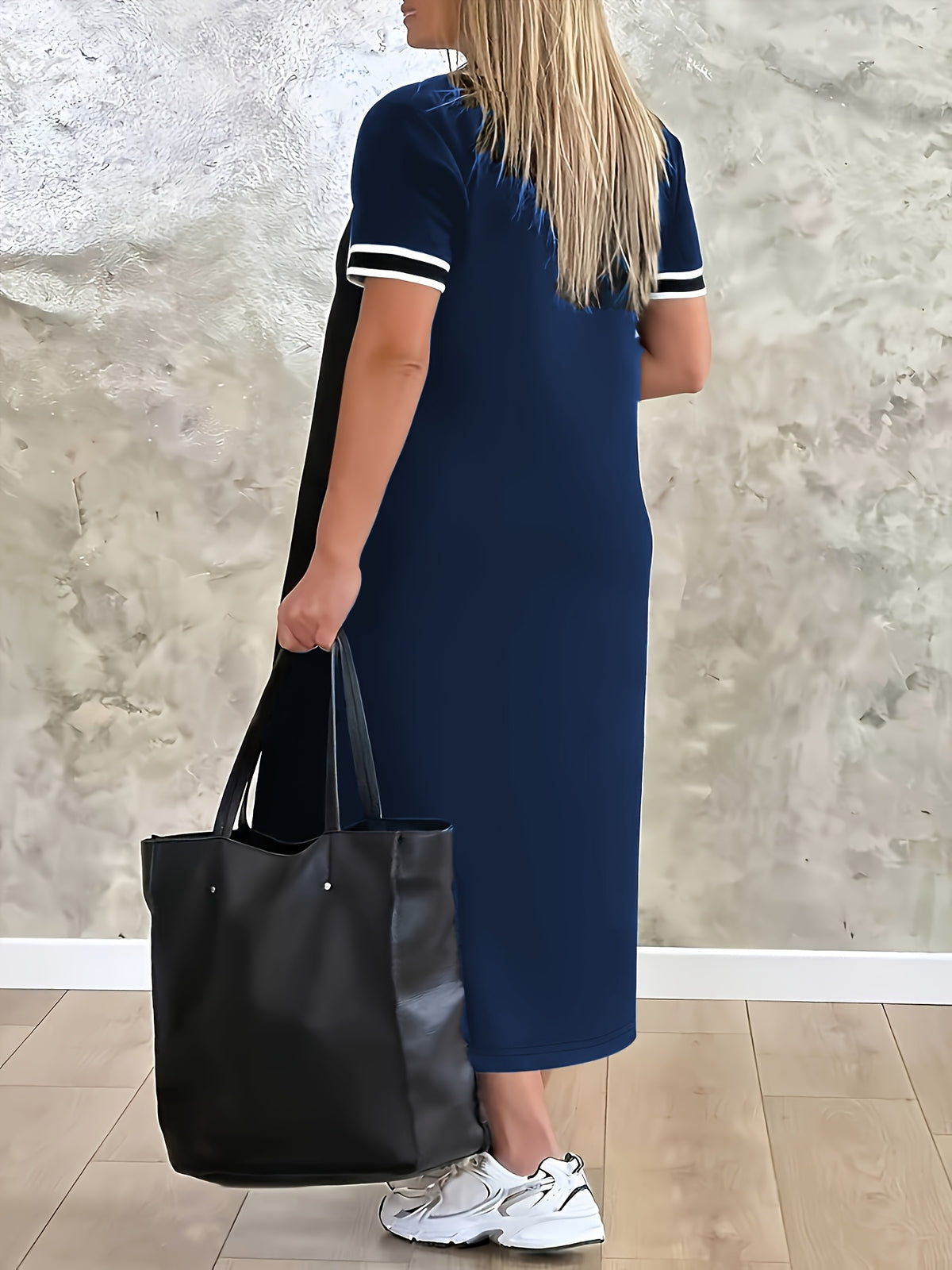 Plus Size, Plus Size Women's V-Neck Short Sleeve Loose Fit A-Line Slit Hem Casual Dress - Navy Color