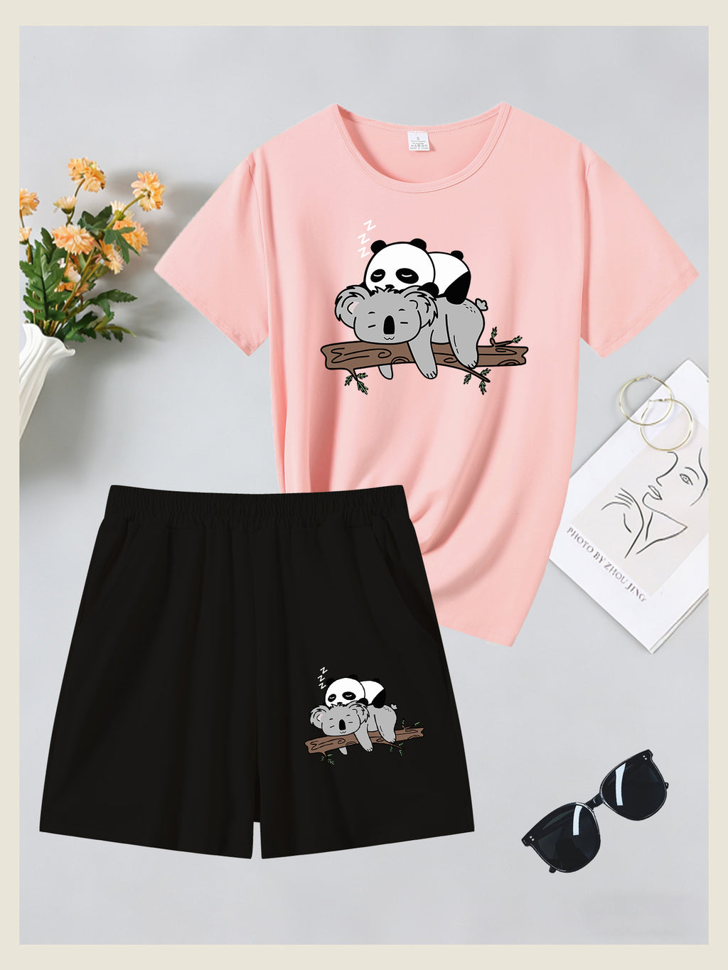 2pcs Women's Summer Short Sleeve Set—Panda Koala Cute Animal Print Short Sleeve Shorts Set, Comfortable, Soft, and Breathable for Sports and Daily Wear, Suitable for Back-to, Campus, Valentine's Day, Women's Pajamas, Jogging, Fitness, and as a Gift - Blush+Black