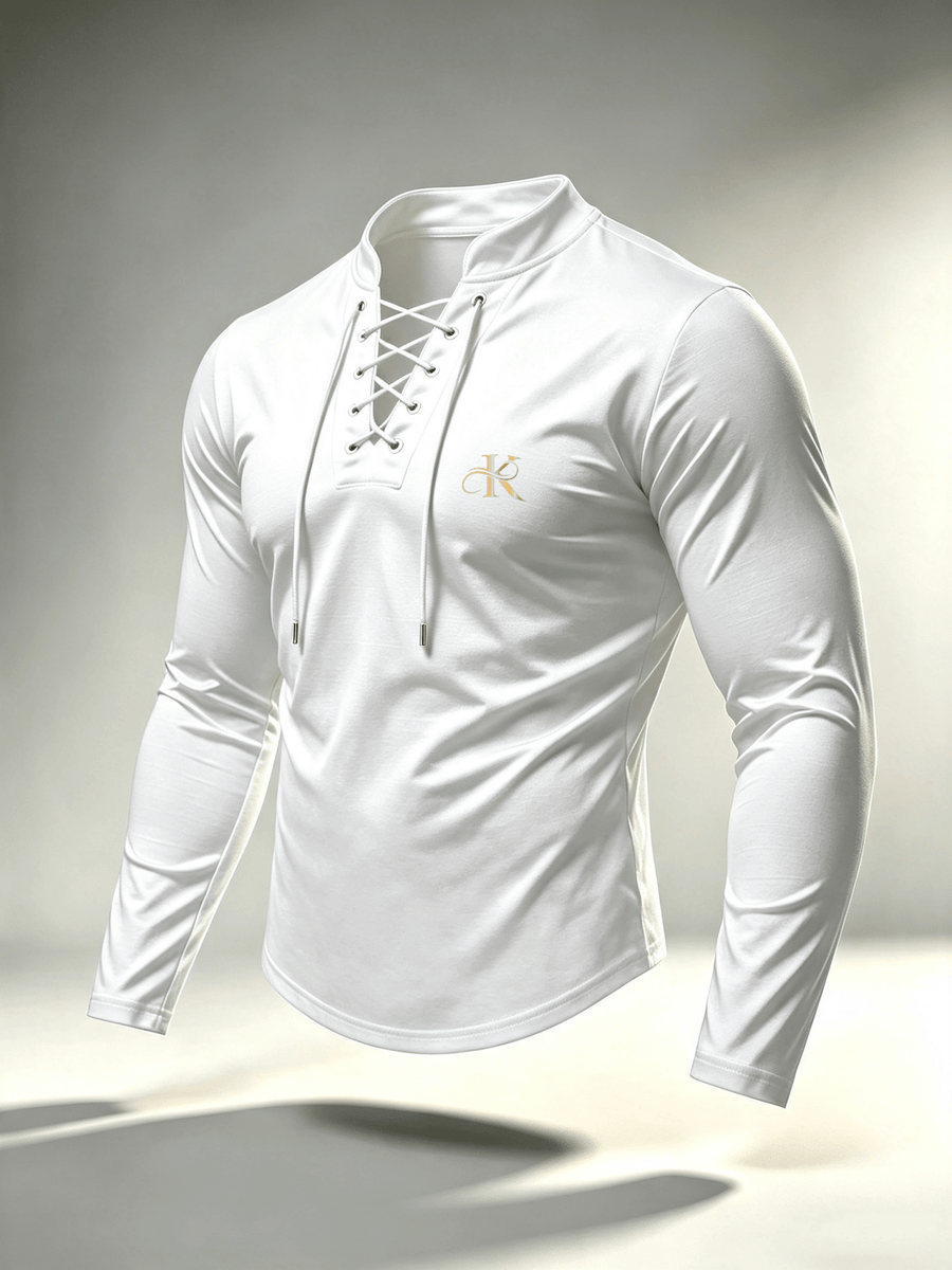 2026 New Men'S Casual Outdoor Tie-Neck Polo Shirt - K, Long Sleeve for All Seasons, Button-Less Design with Cross Drawstring, Stand Collar, Breathable And Comfortable, Quick-Dry - White