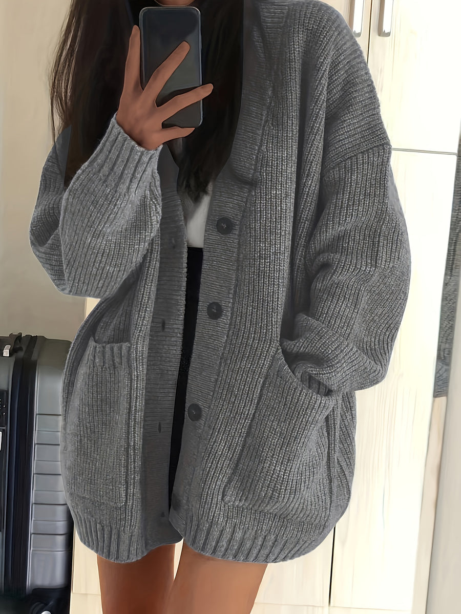 Casual V-Neck Single-Button Sweater Women'S Fall Winter Outerwear Top - Grey